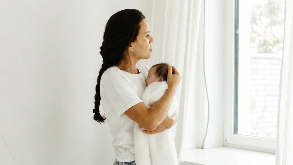 Vânia holding a swaddled newborn at a window, looking out